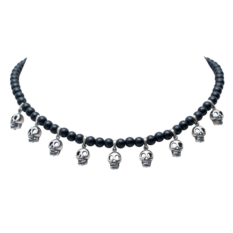 Collar Cráneos de barro negro, joya de plata .925, con obsidiana – Gabriela Sánchez