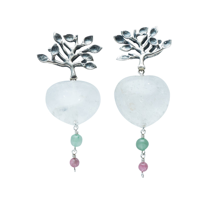 Aretes Corazones de Gratitud, joya de plata .925, con turmalina y cuarzo – Gabriela Sánchez