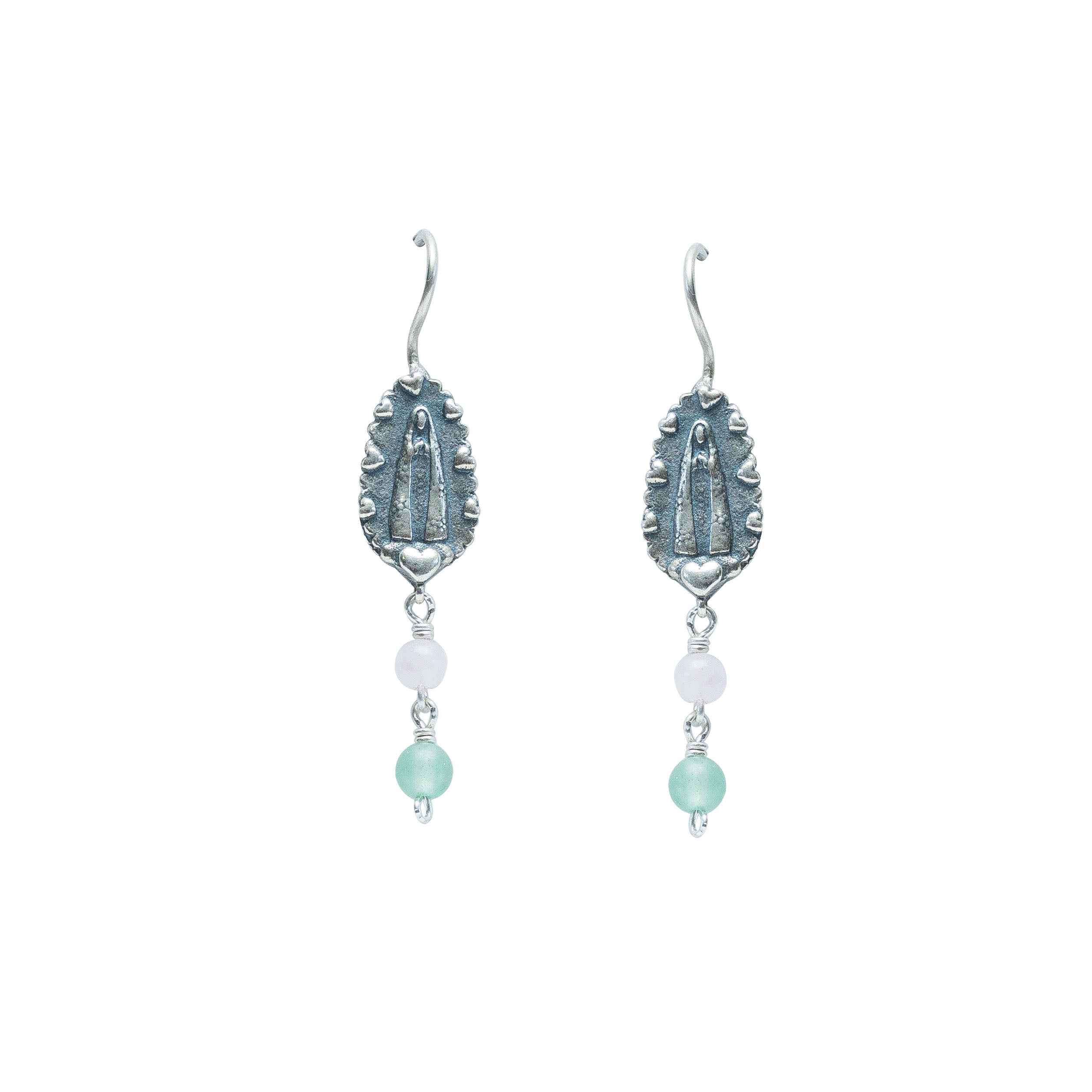Aretes La Pureza de Mamá, joya de plata .925, con cuarzo rosa y venturina – Gabriela Sánchez