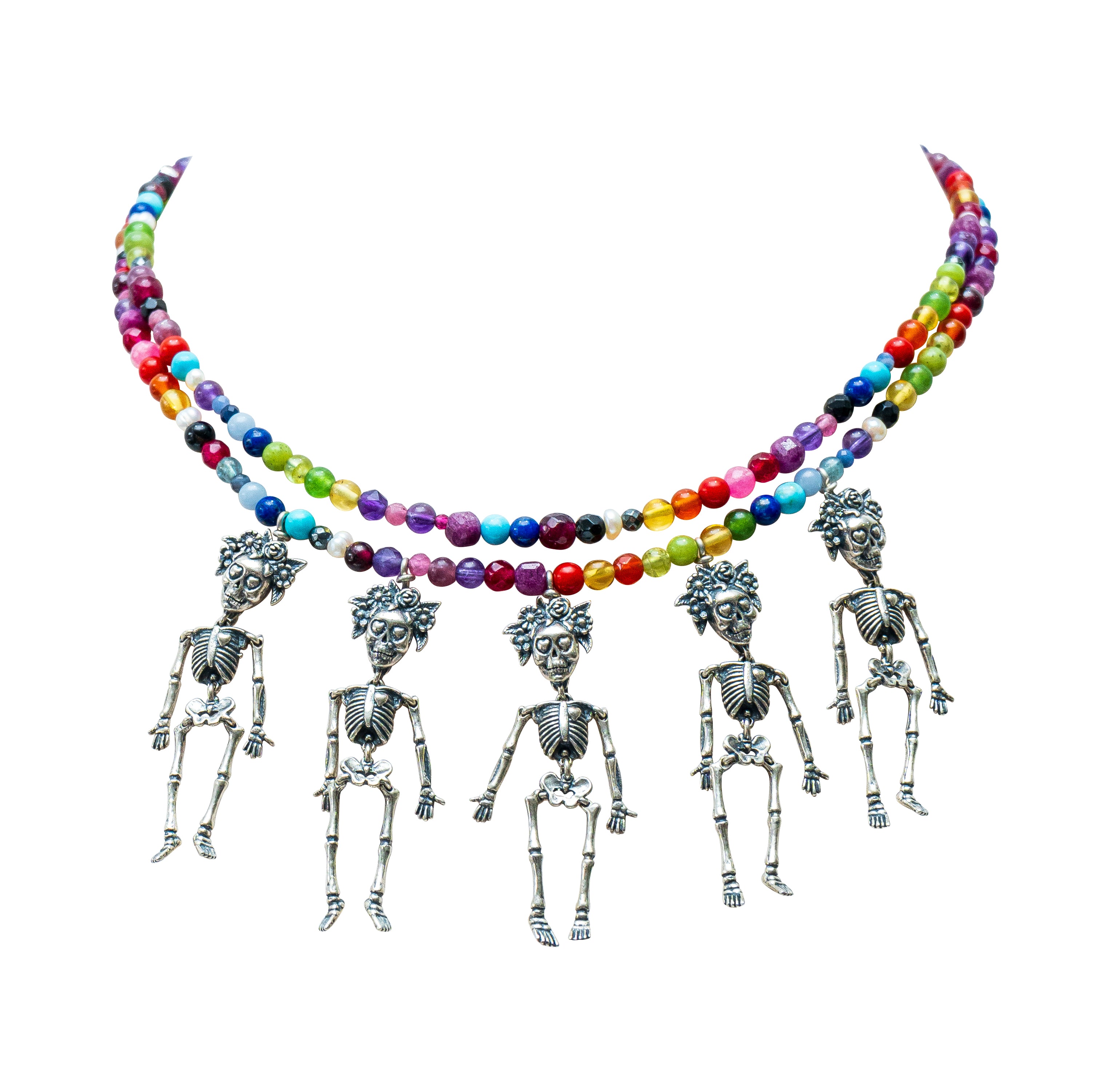 Collar La huesuda, La Parca, la Flaca, La Fría y La Calaca, joya de plata .925, con turquesa – Gabriela Sánchez
