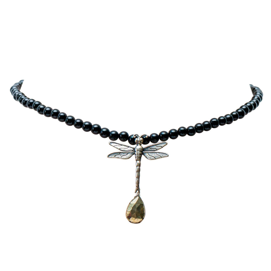 Collar Libélula Azabache, joya de plata .925, con ónix y pirita – Gabriela Sánchez
