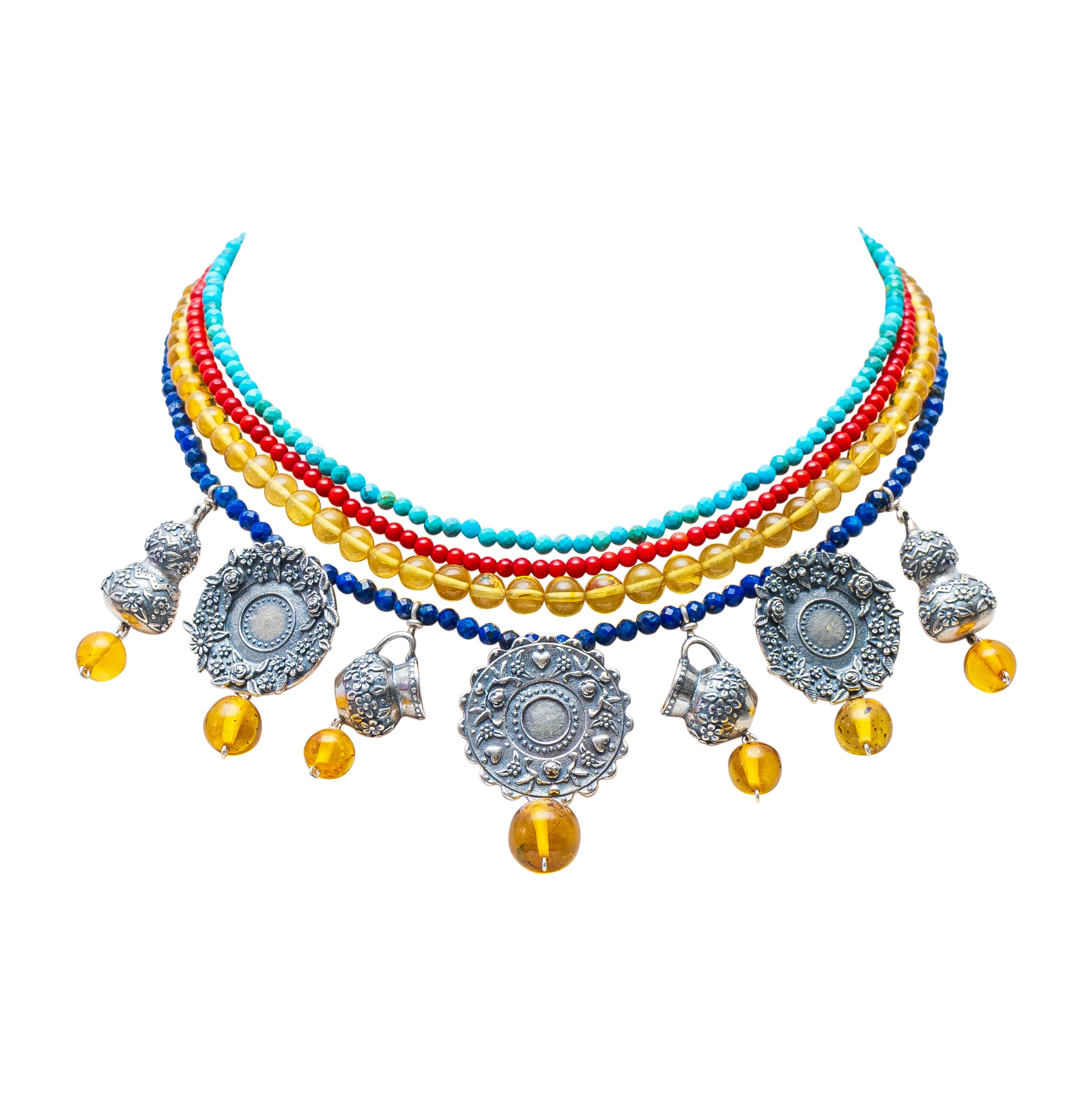 Collar Galletas Recien Horneadas, joya de plata .925, con ámbar y turquesa – Gabriela Sánchez
