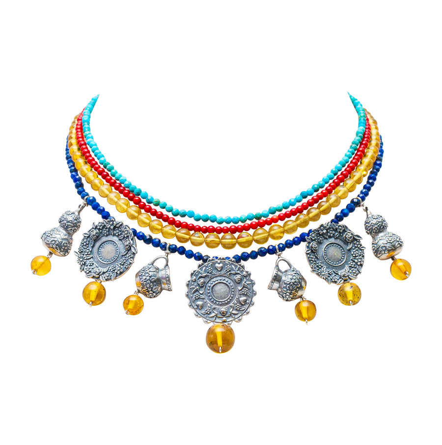 Collar Galletas Recien Horneadas, joya de plata .925, con ámbar y turquesa – Gabriela Sánchez