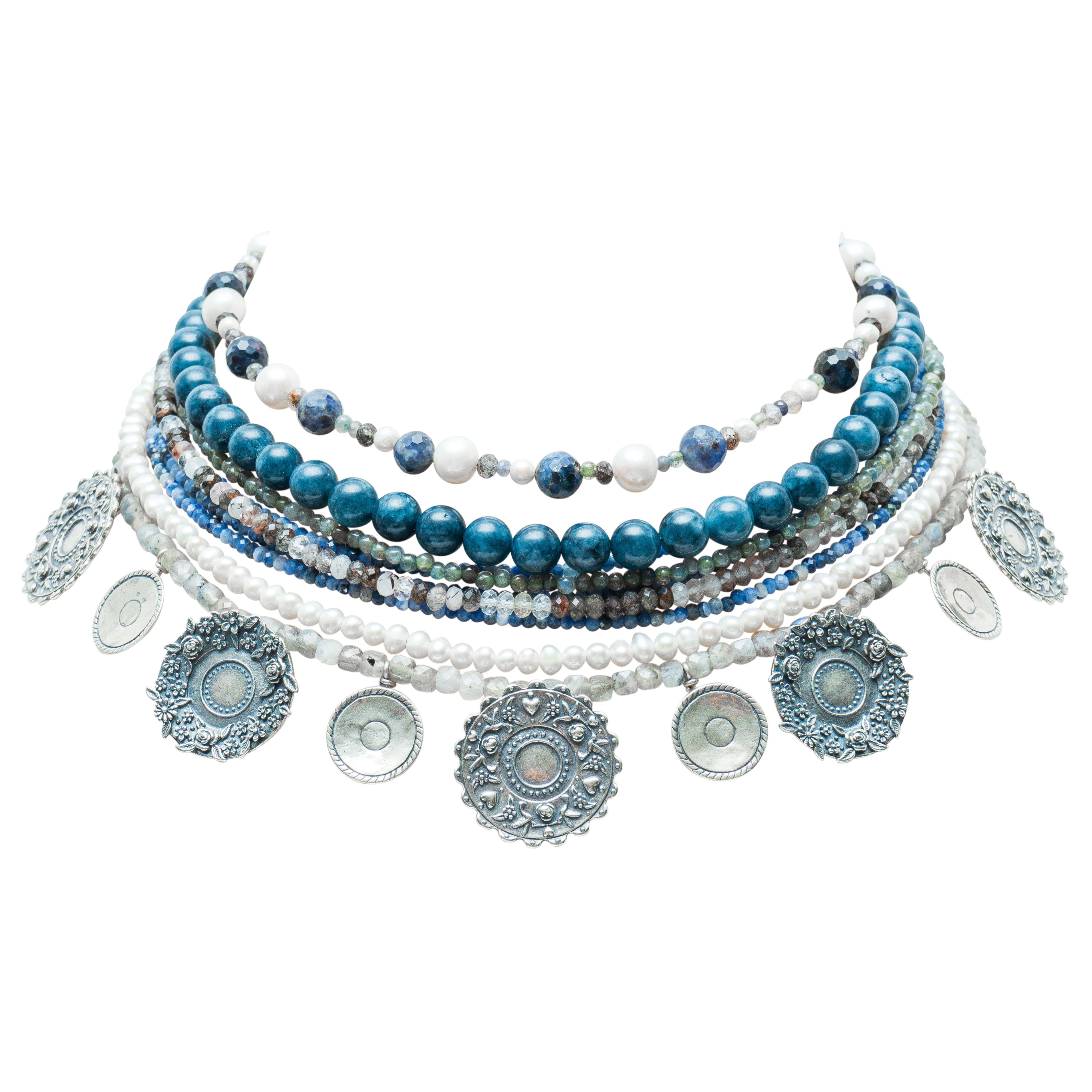 Collar Platos de Talavera, joya de plata .925, con apatita y perla – Gabriela Sánchez