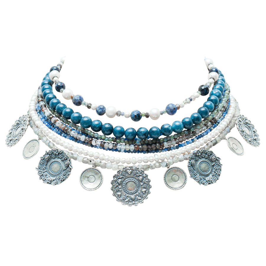 Collar Platos de Talavera, joya de plata .925, con apatita y perla – Gabriela Sánchez
