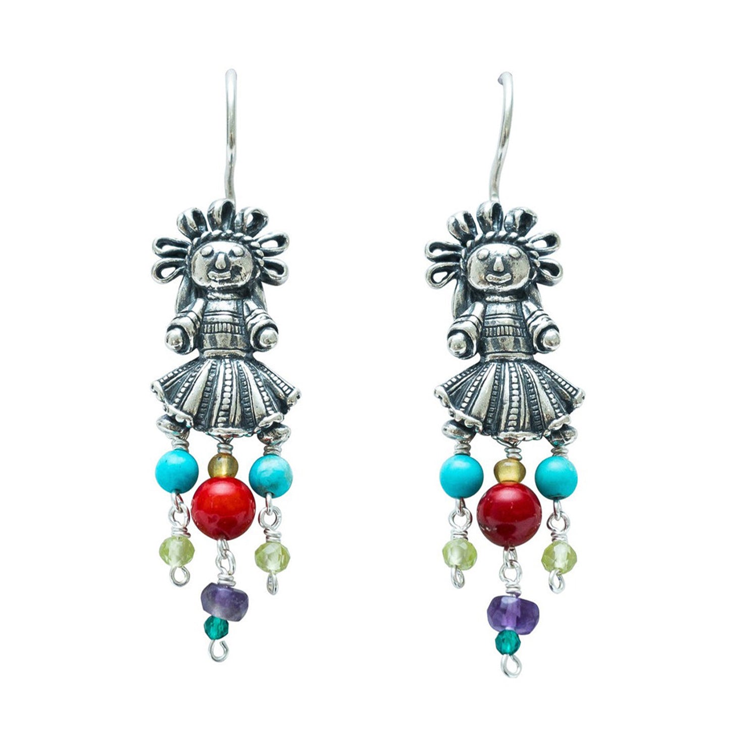 Aretes Muñeca Chica Coral Multicolor, joya de plata .925, con lapislázuli y cornalina – Gabriela Sánchez