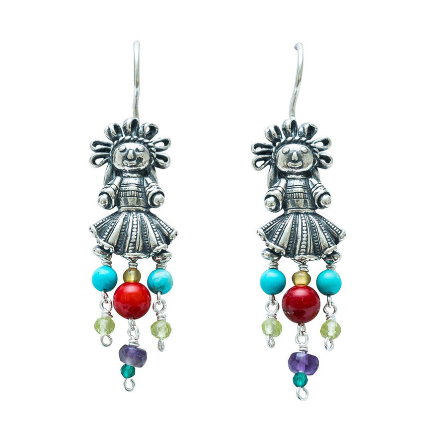 Aretes Muñeca Chica Coral Multicolor, joya de plata .925, con lapislázuli y cornalina – Gabriela Sánchez