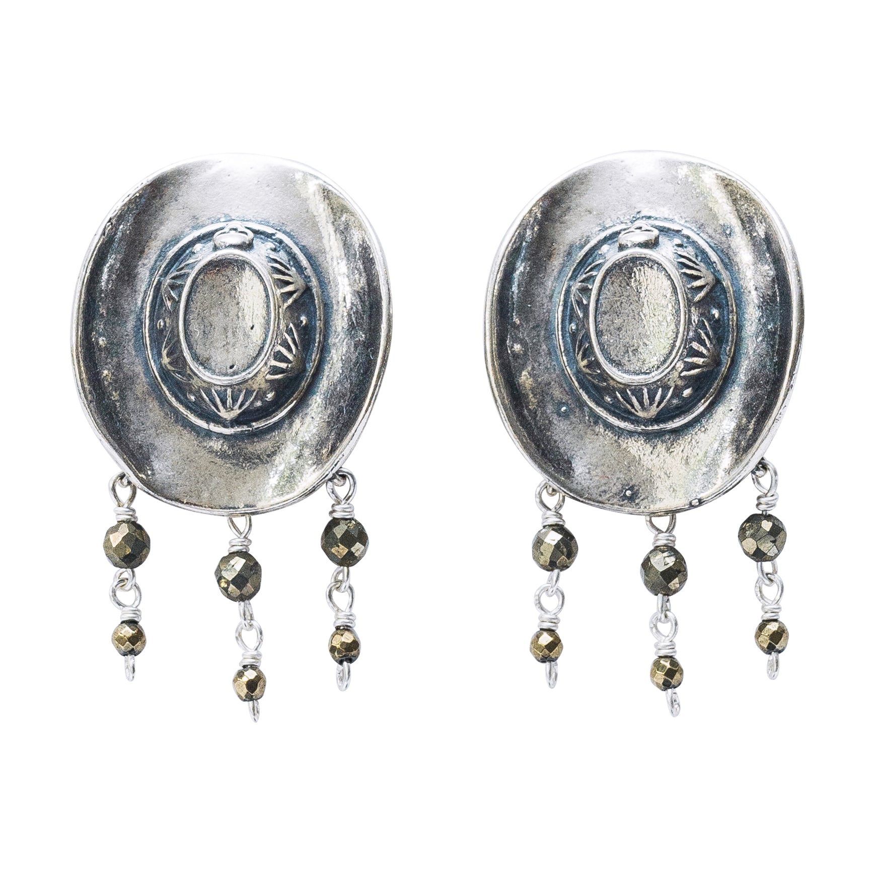 Aretes Fiesta Vaquera, joya de plata .925, con pirita – Gabriela Sánchez