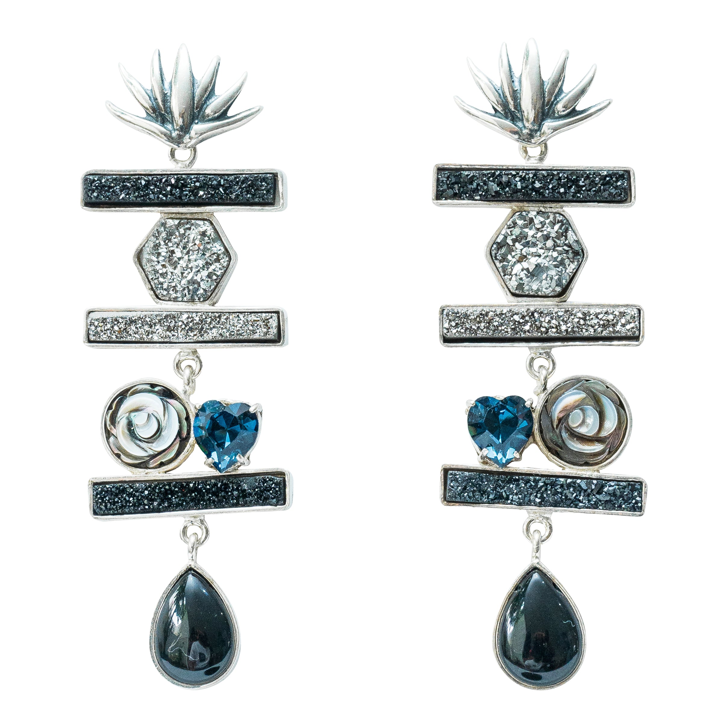Aretes Agave Rosalía, joya de plata .925, con drusa y concha – Gabriela Sánchez