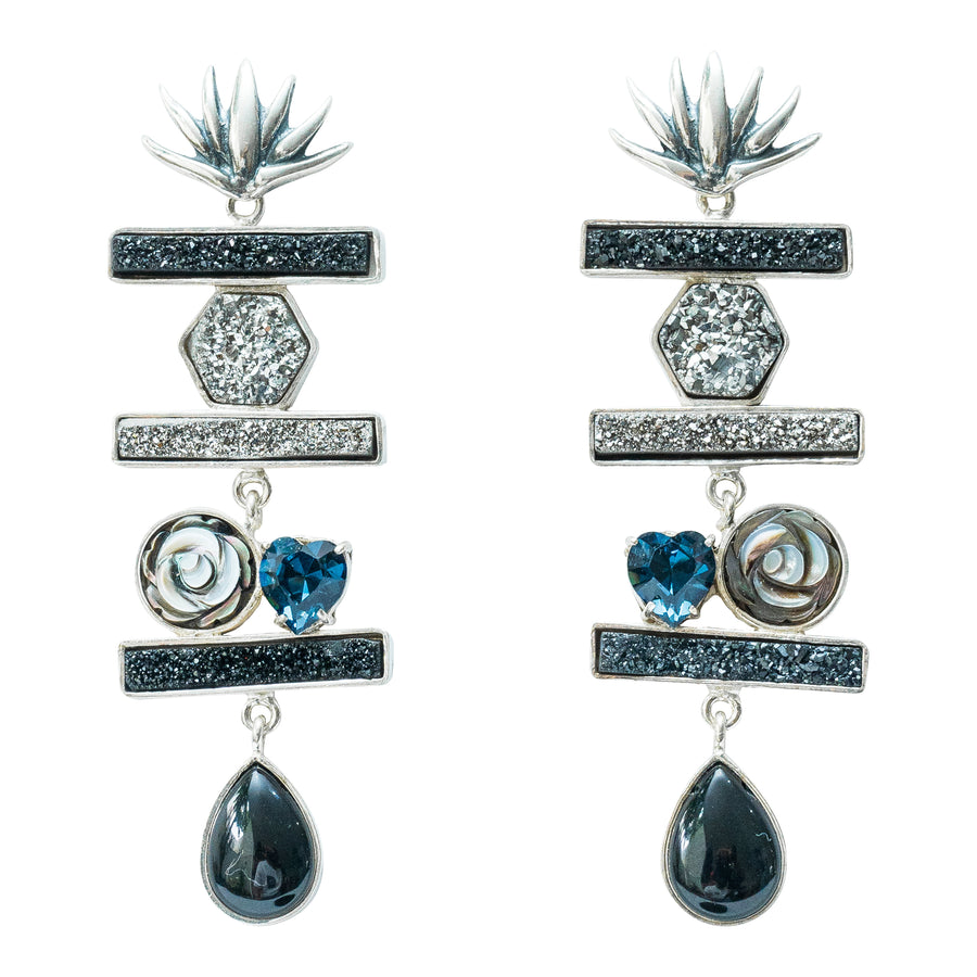 Aretes Agave Rosalía, joya de plata .925, con drusa y concha – Gabriela Sánchez