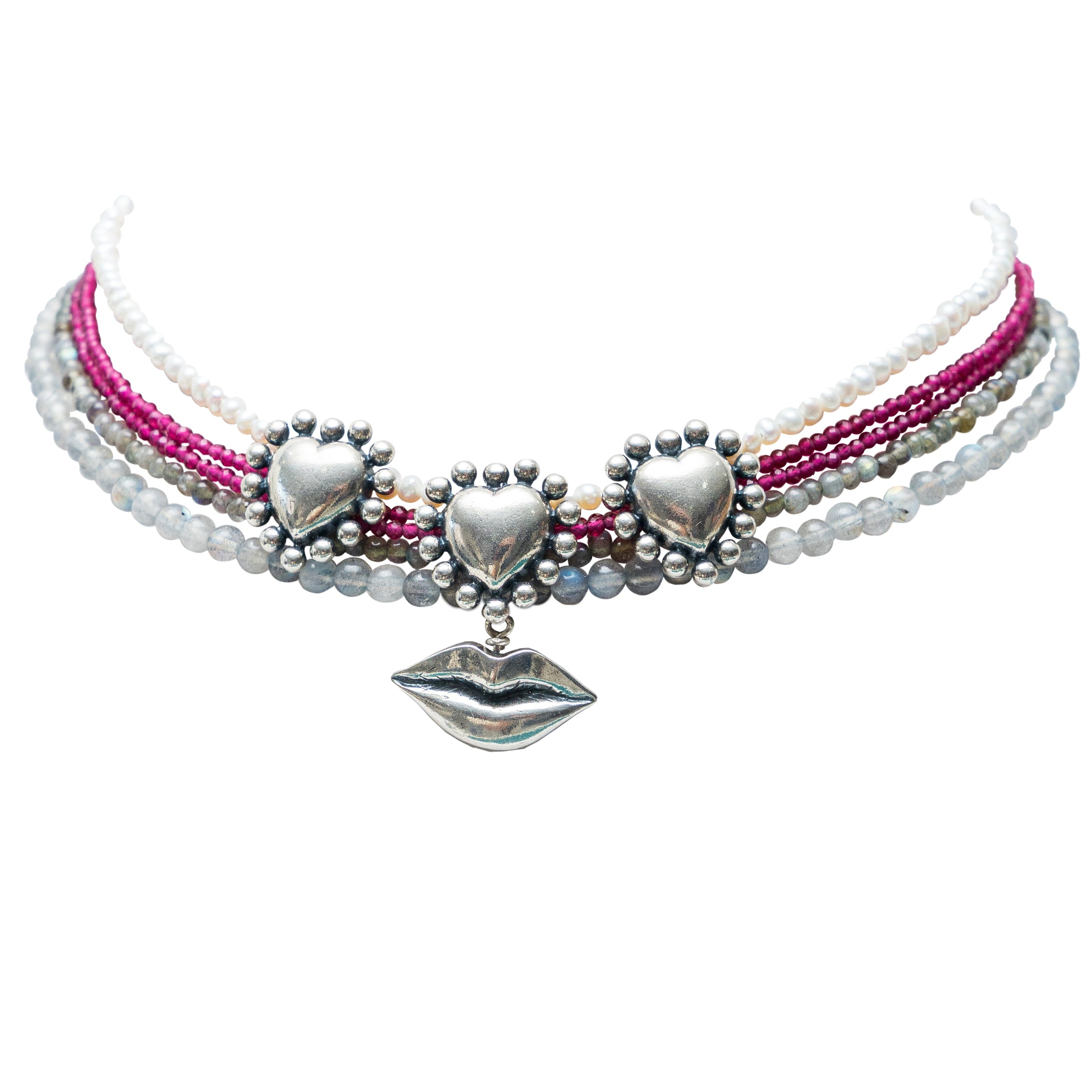 Choker Corazón Enamorado, joya de plata .925, con rubí y perla – Gabriela Sánchez