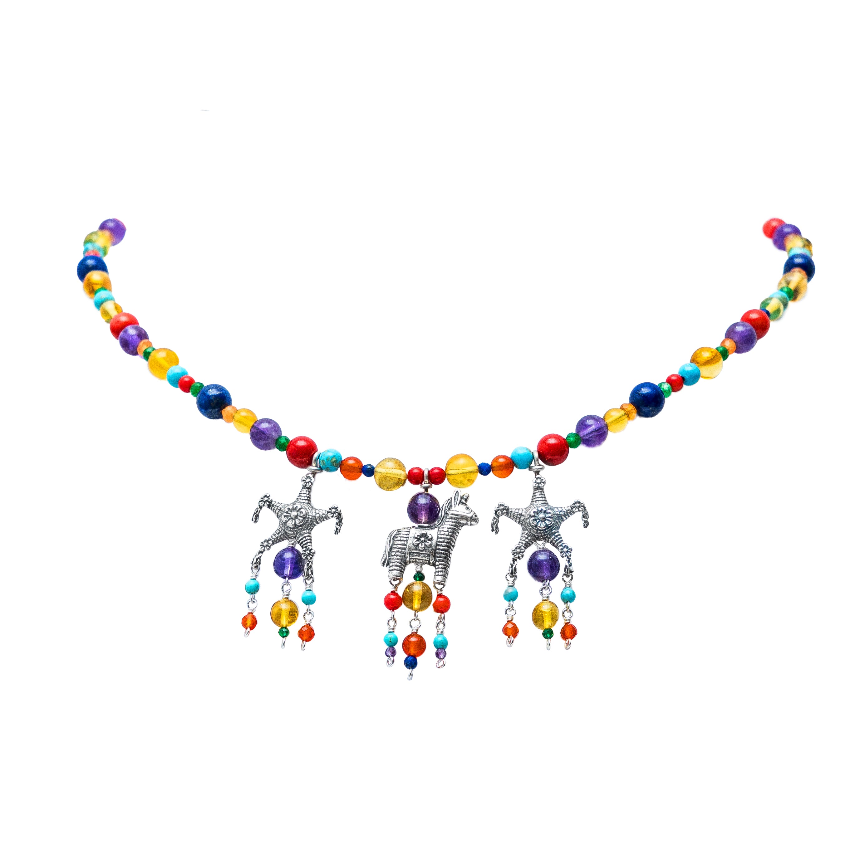 Collar Fiesta con piñatas, joya de plata .925, con lapislázuli y coral – Gabriela Sánchez
