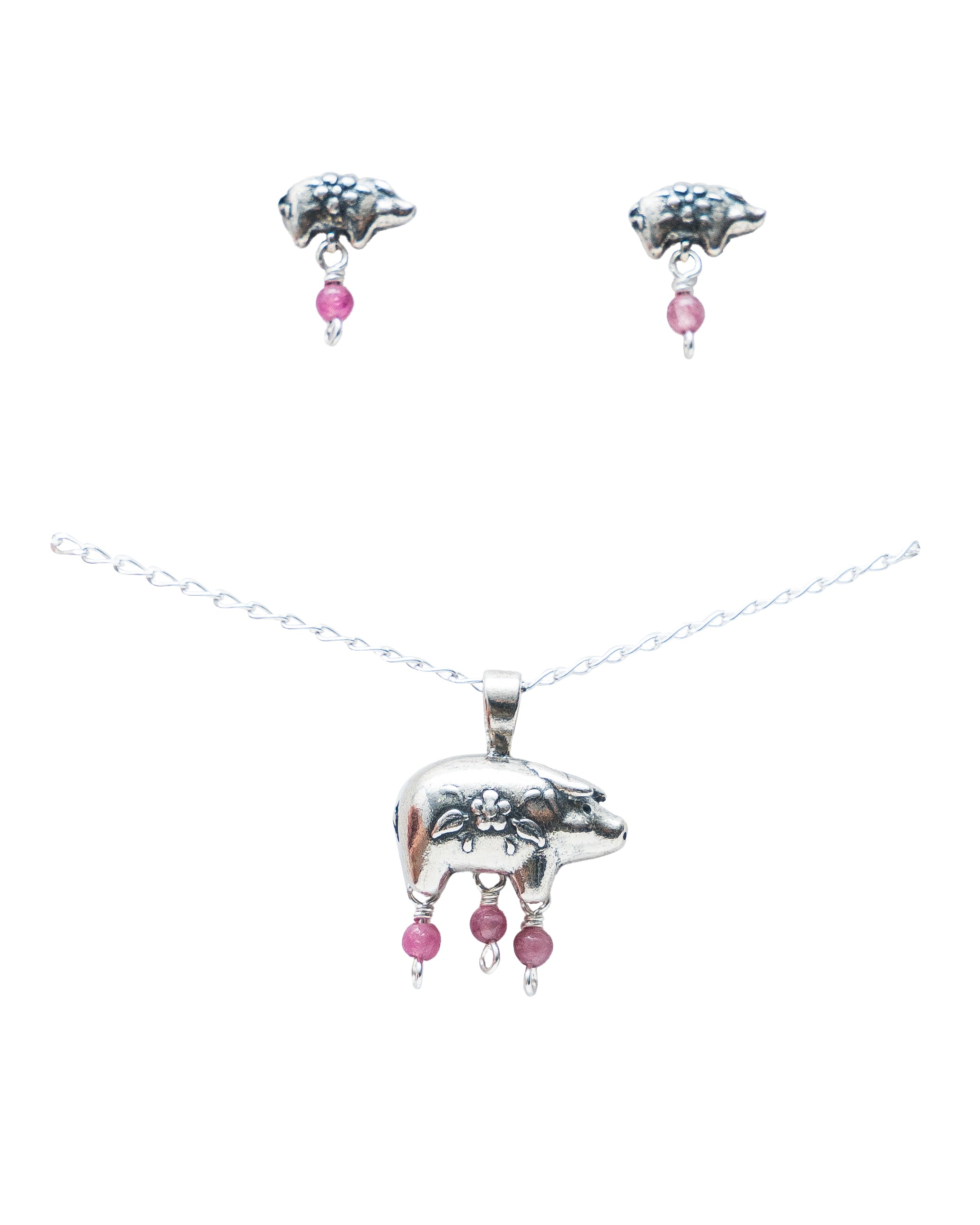 Set Puerquitos Rosa, joya de plata .925, con turmalina – Gabriela Sánchez