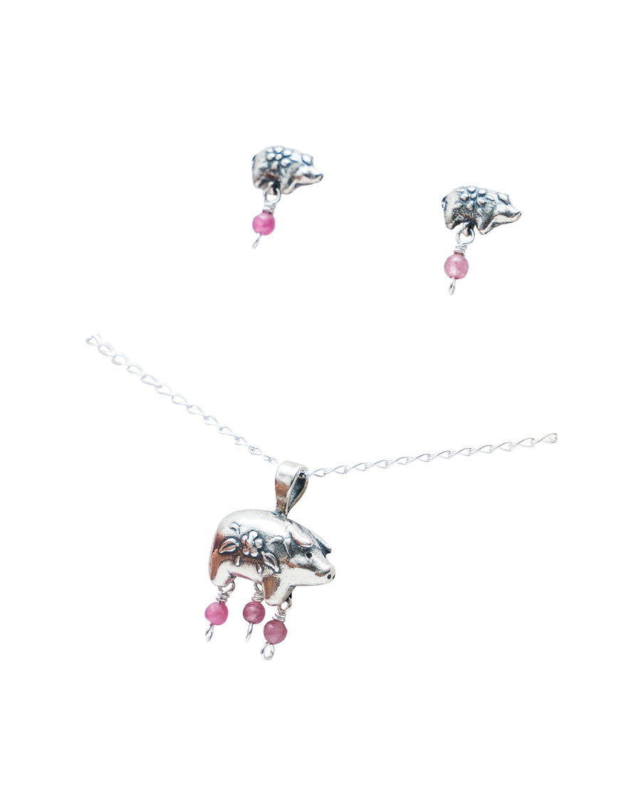 Set Puerquitos Rosa, joya de plata .925, con turmalina – Gabriela Sánchez (vista 3)