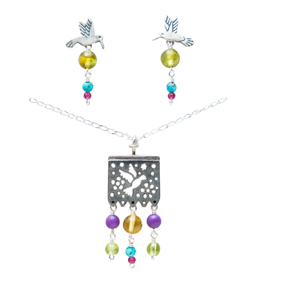 Set Papel Picado y Colibríes, joya de plata .925, con ámbar y peridot – Gabriela Sánchez