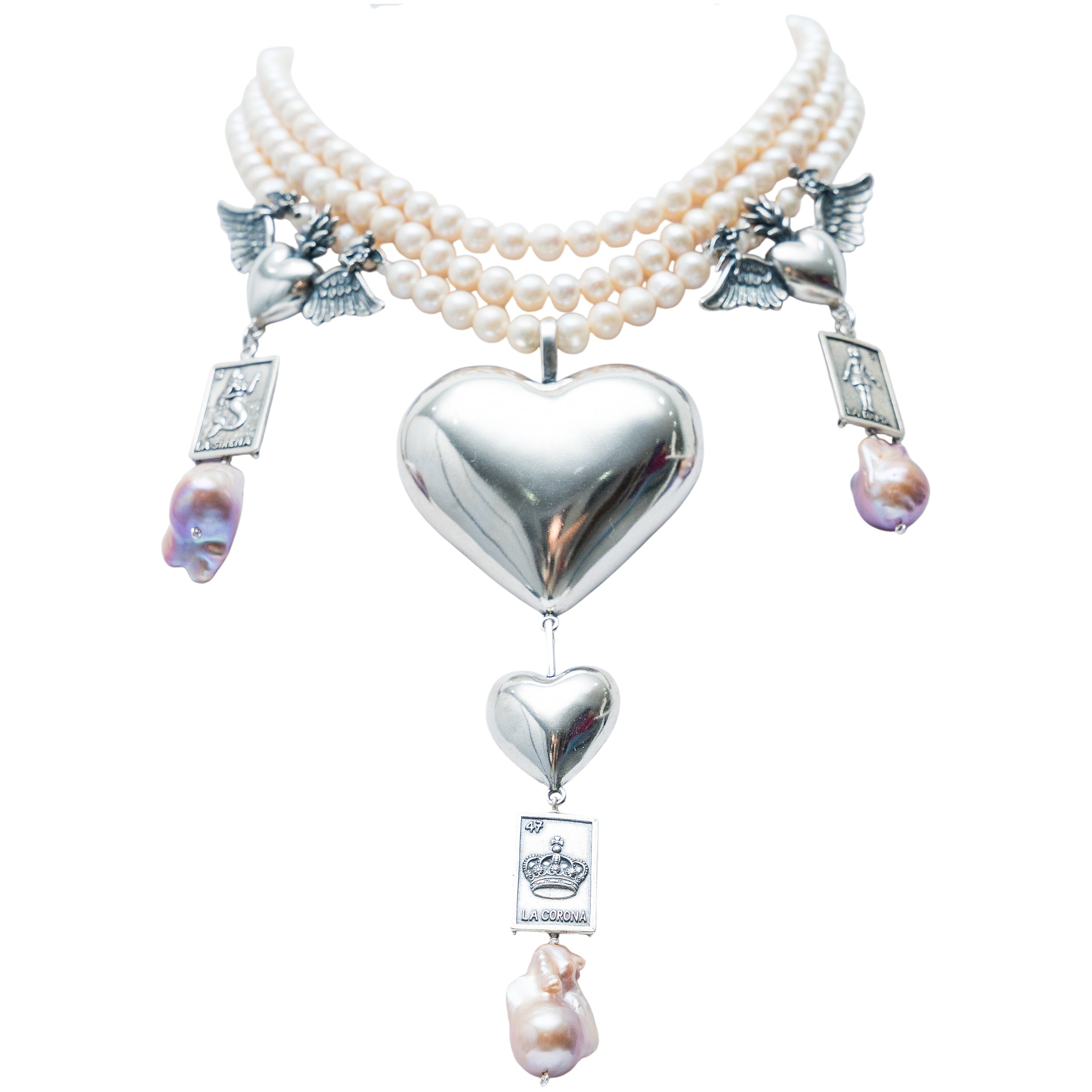 Collar Corazones y sueños, joya de plata .925, con perla – Gabriela Sánchez