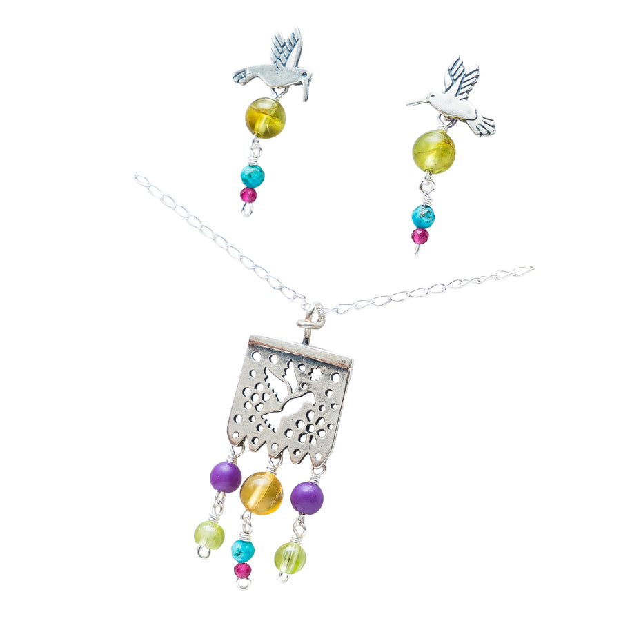 Set Papel Picado y Colibríes, joya de plata .925, con ámbar y peridot – Gabriela Sánchez (vista 3)