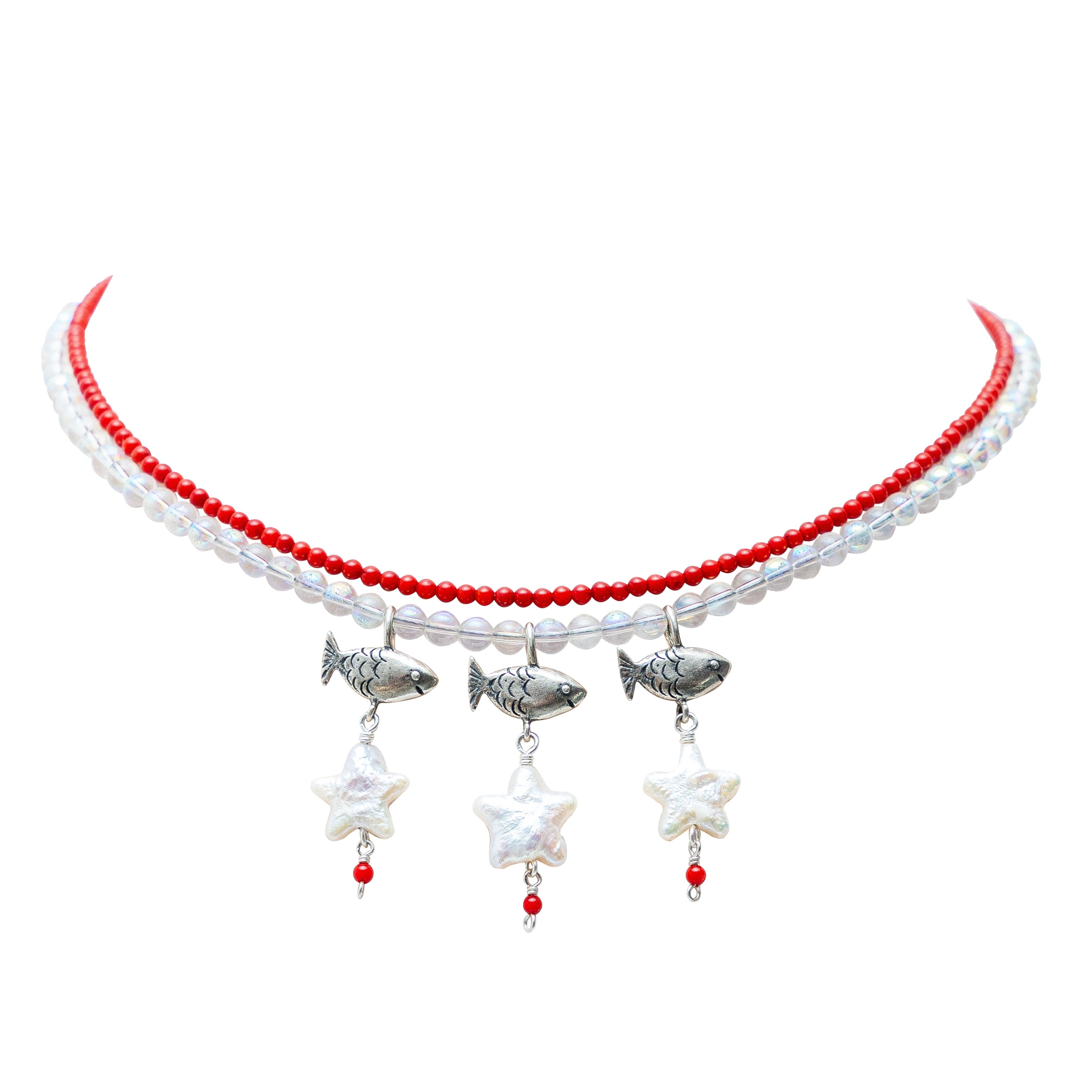 Collar Playa Banana, joya de plata .925, con perla y coral – Gabriela Sánchez