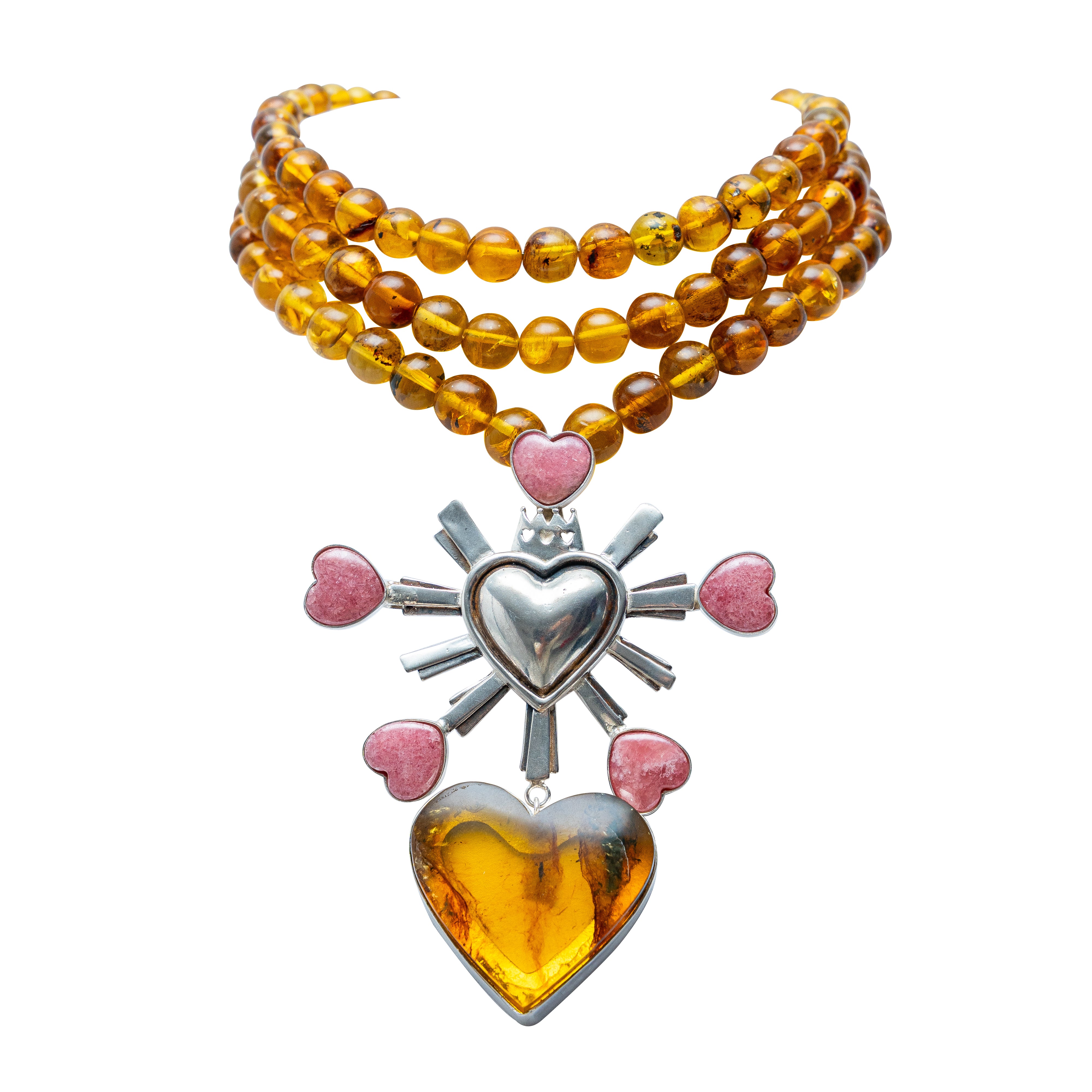 Collar Corazón de Melocotón, joya de plata .925, con ámbar y rodocosita – Gabriela Sánchez (vista 2)