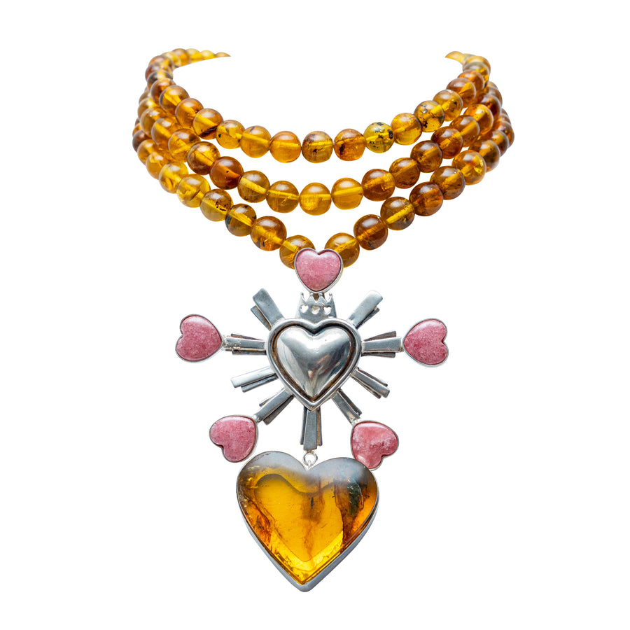 Collar Corazón de Melocotón, joya de plata .925, con ámbar y rodocosita – Gabriela Sánchez (vista 2)