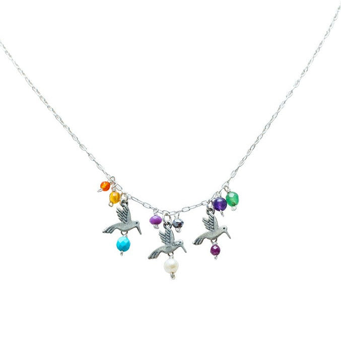 Gargantilla Trío De Colibríes, joya de plata .925, con perla y ámbar – Gabriela Sánchez
