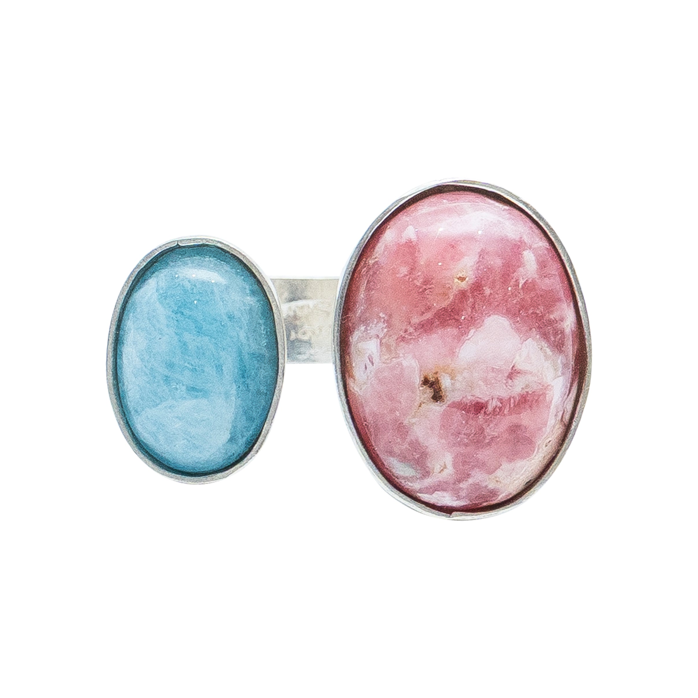 Anillo Gotitas Dulces, joya de plata .925, con rodocosita y aquamarina – Gabriela Sánchez
