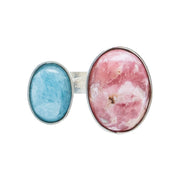 Anillo Gotitas Dulces, joya de plata .925, con rodocosita y aquamarina – Gabriela Sánchez