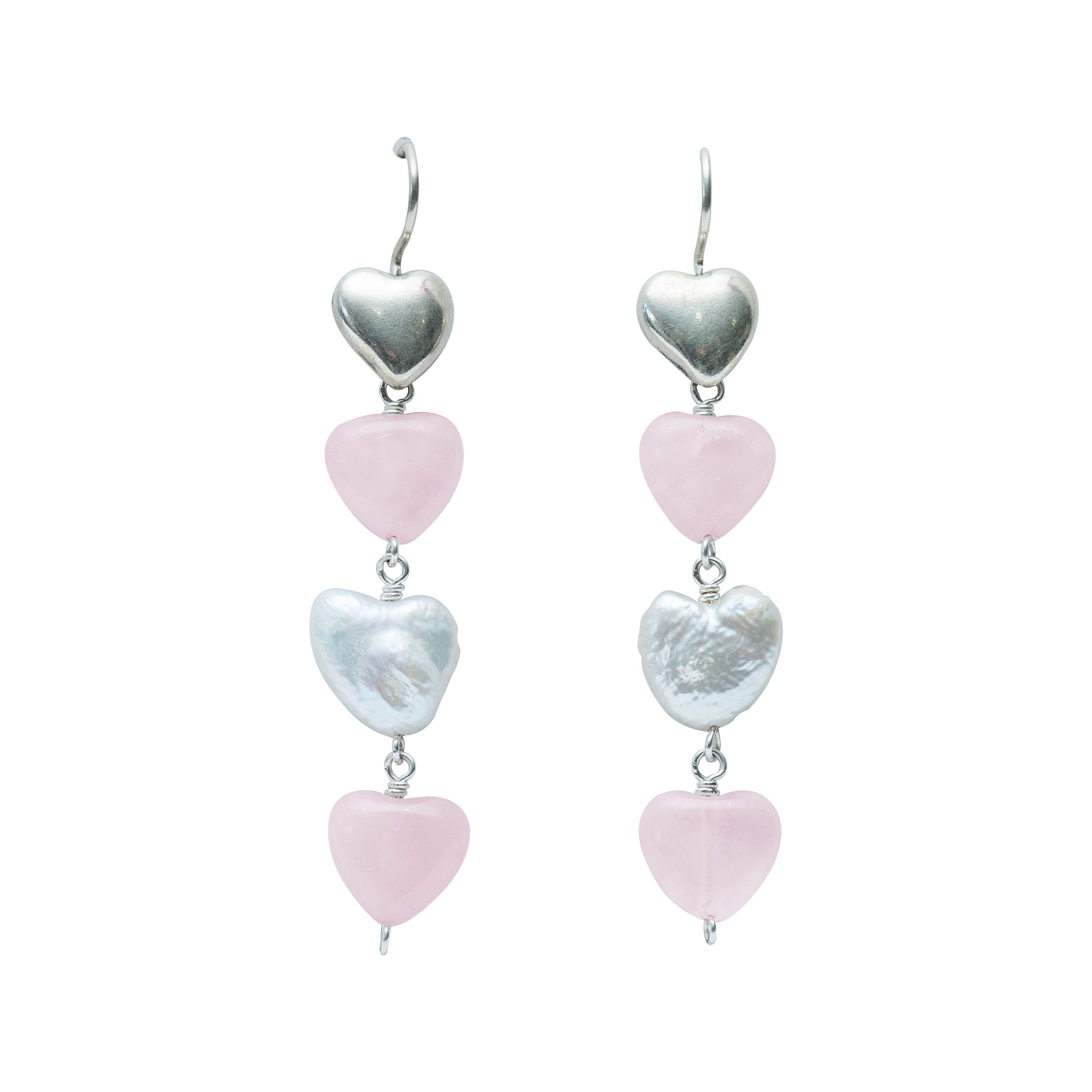 Aretes Latidos de Mamá, joya de plata .925, con cuarzo rosa y perla – Gabriela Sánchez