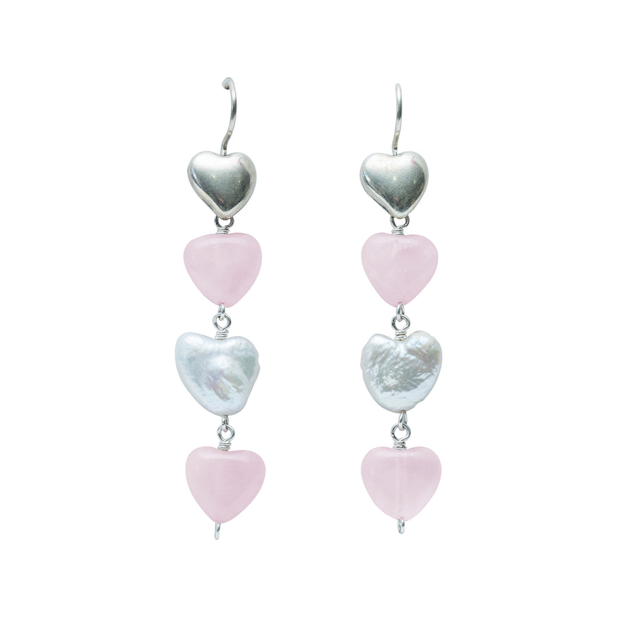Aretes Latidos de Mamá, joya de plata .925, con cuarzo rosa y perla – Gabriela Sánchez