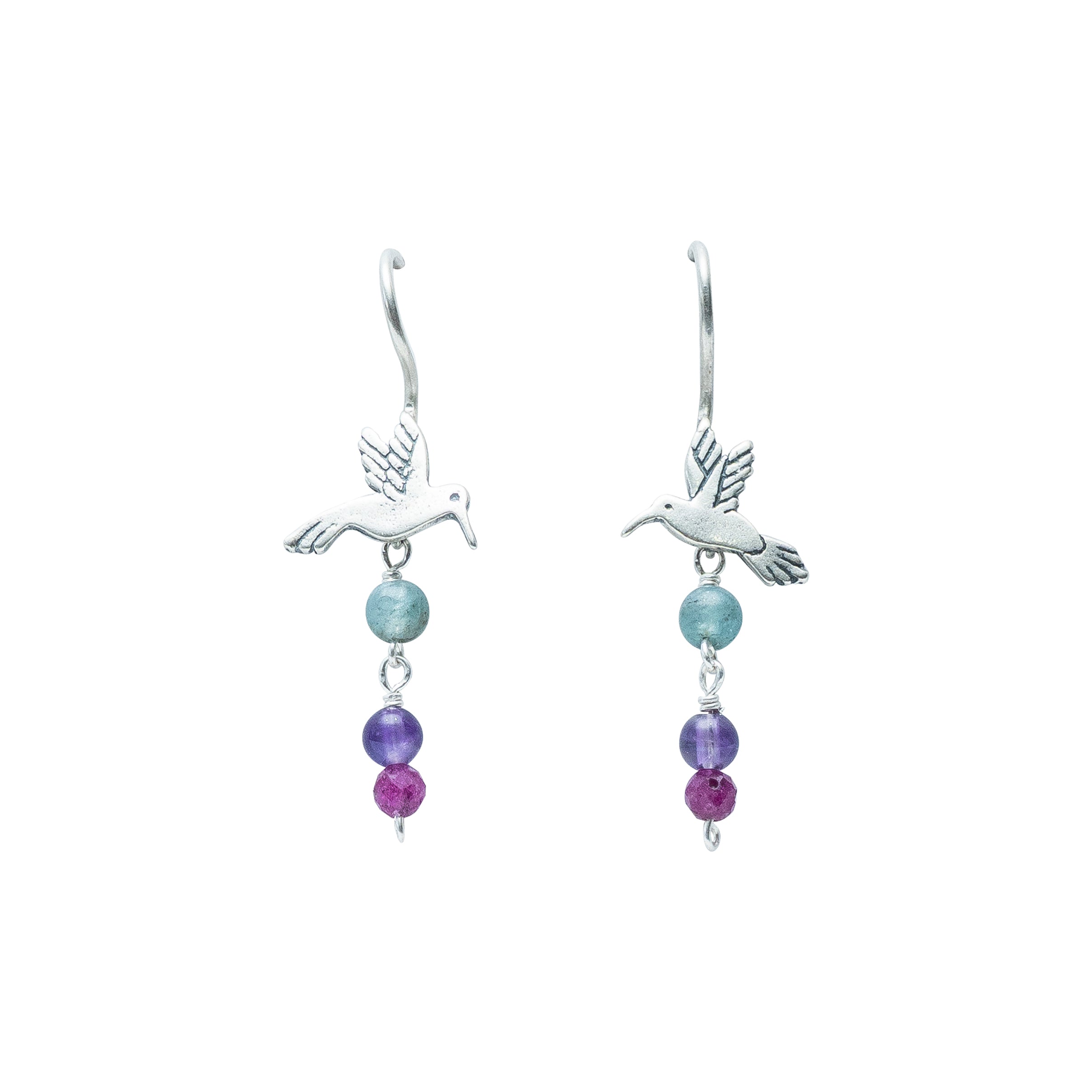 Aretes Dulce Vuelo, joya de plata .925, con amatista y aquamarina – Gabriela Sánchez