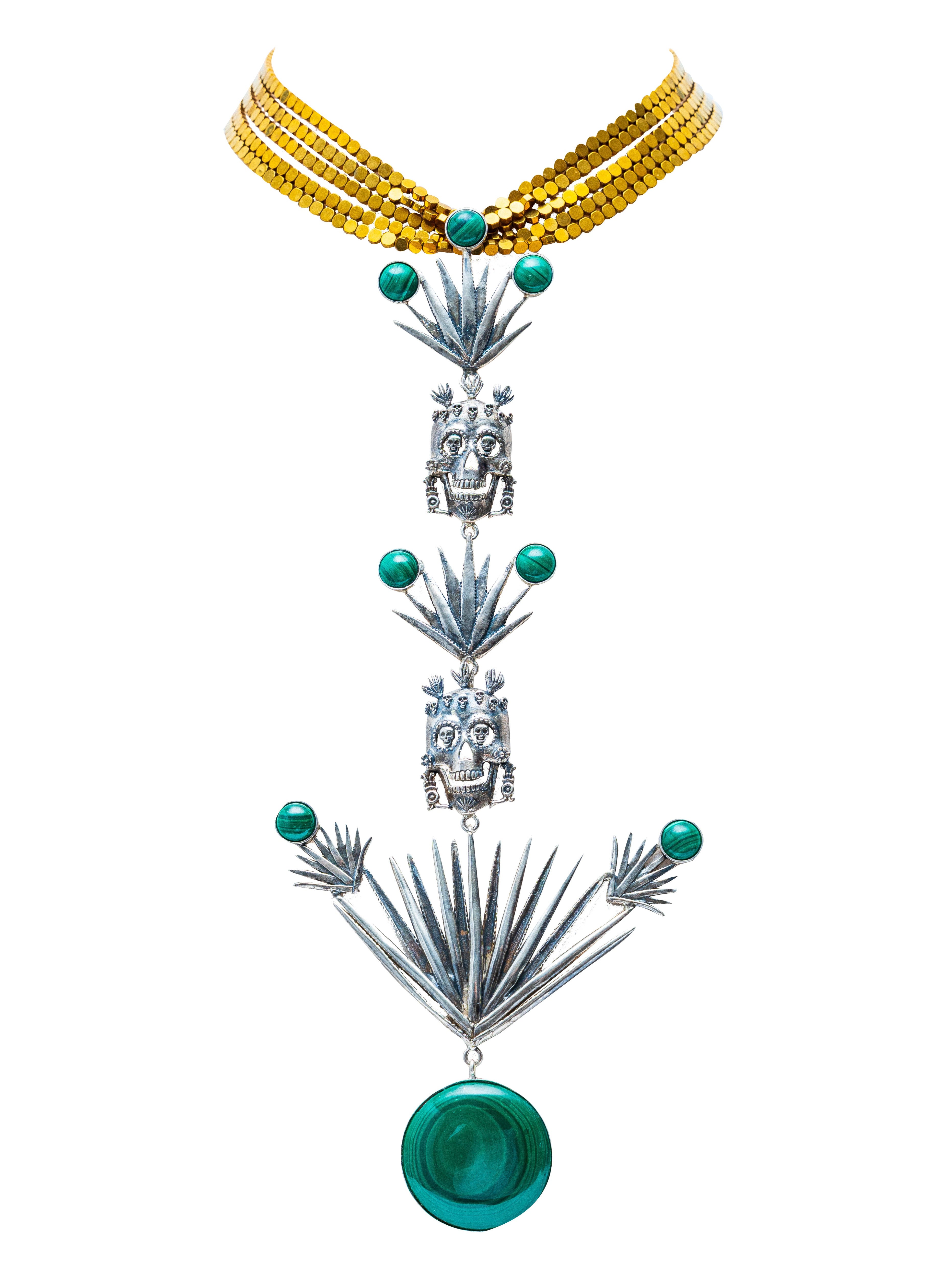 Collar Elixir de Dioses, joya de plata .925, con hematita y malaquita – Gabriela Sánchez (vista 2)