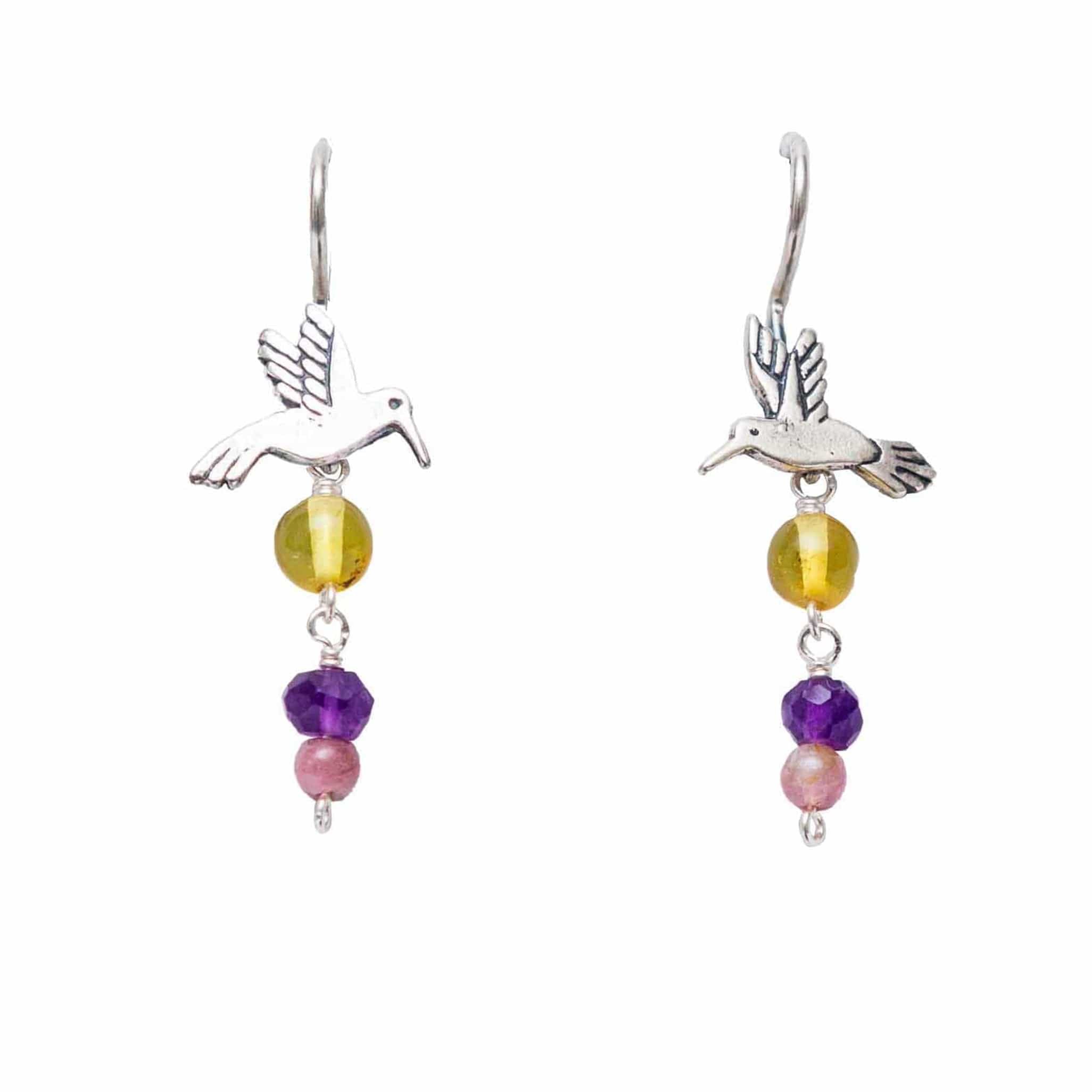 Aretes Colibrí Otomí 3 Gemas, joya de plata .925, con ámbar y amatista – Gabriela Sánchez