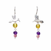 Aretes Colibrí Otomí 3 Gemas, joya de plata .925, con ámbar y amatista – Gabriela Sánchez
