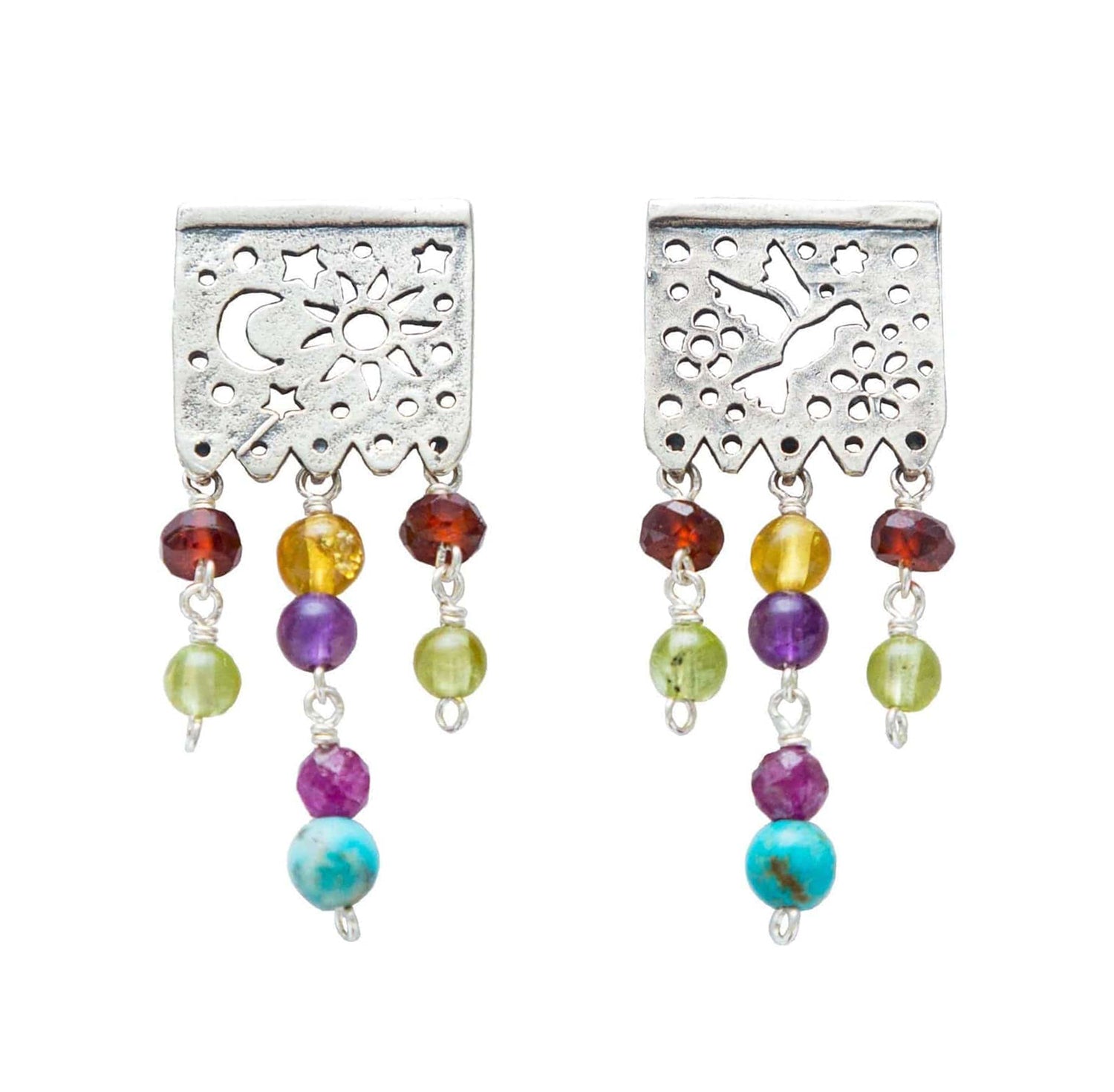 Aretes Papel Picado Anochecer, joya de plata .925, con granate y gemas de colores – Gabriela Sánchez
