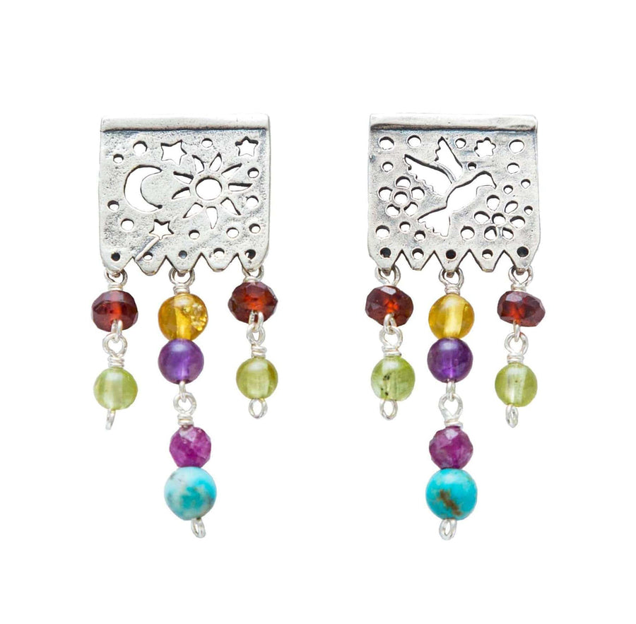 Aretes Papel Picado Anochecer, joya de plata .925, con granate y gemas de colores – Gabriela Sánchez
