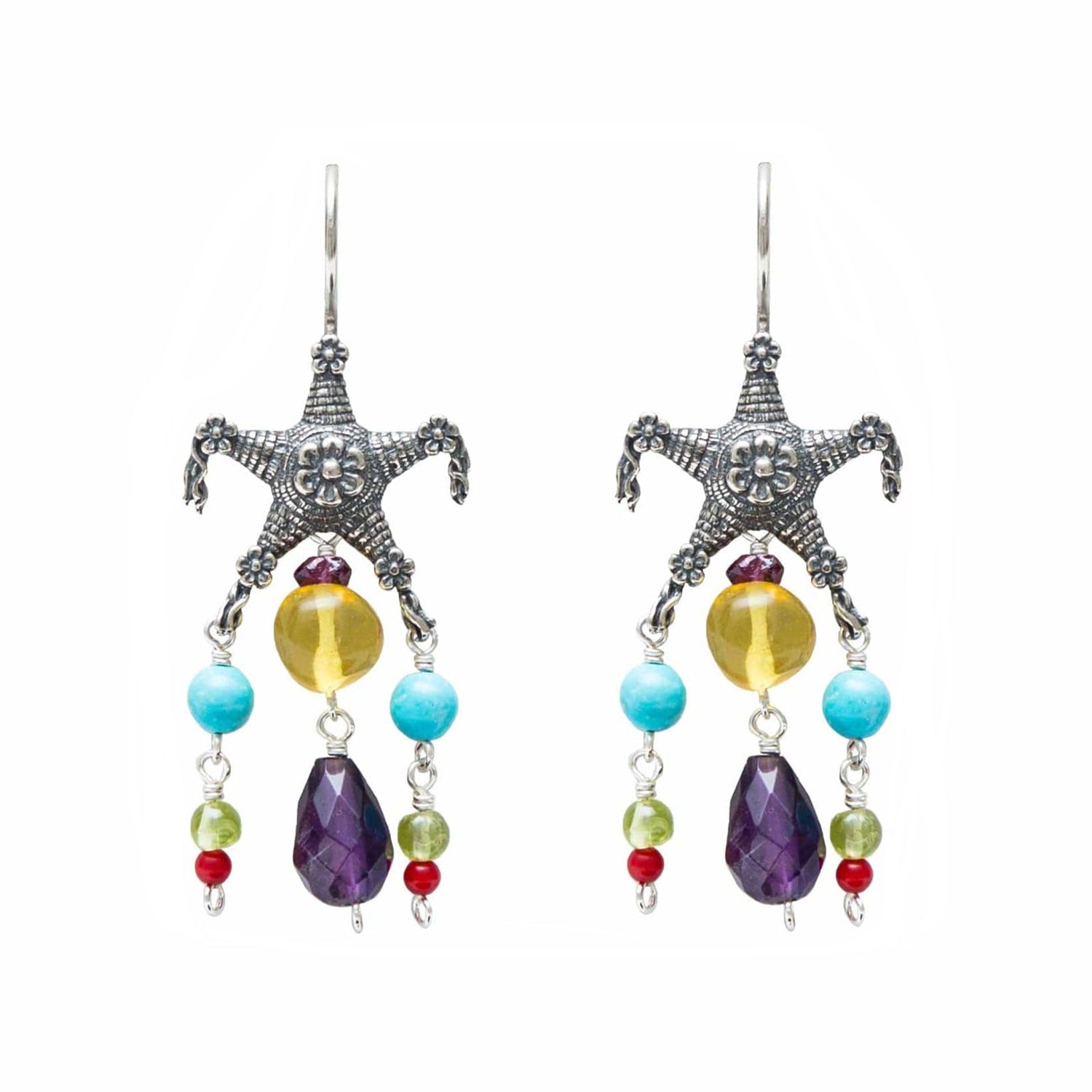 Aretes Piñatas Amatista, joya de plata .925, con turquesa y gemas de colores – Gabriela Sánchez