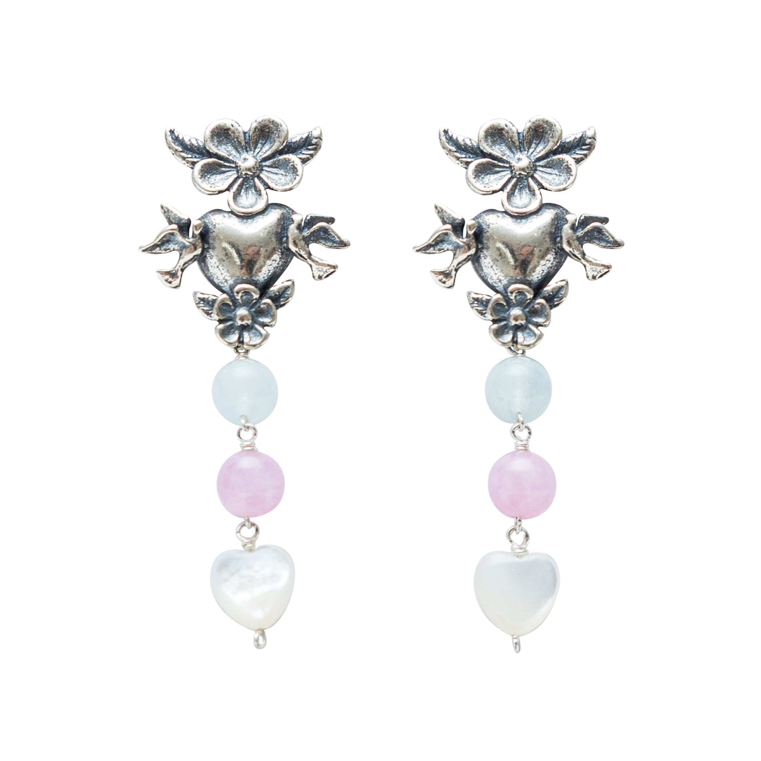 Aretes Ternura Infinita, joya de plata .925, con aquamarina y kunzita – Gabriela Sánchez (vista 2)