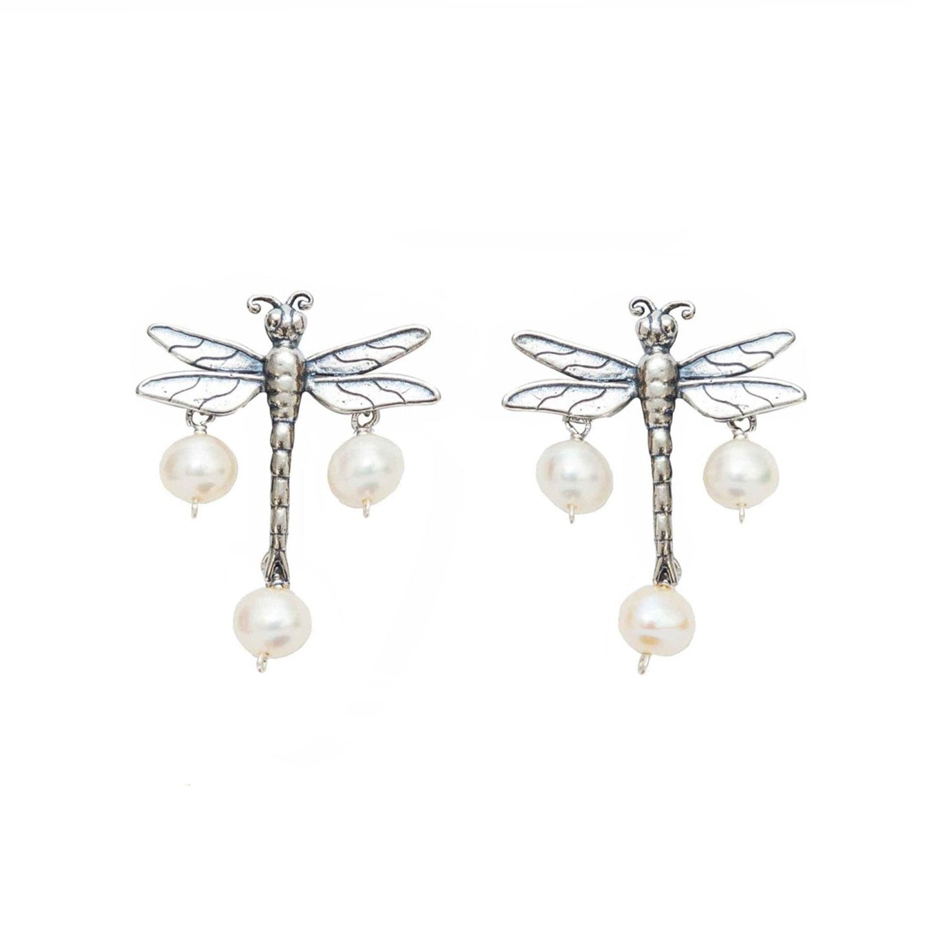 Aretes Libélula Con Gema, joya de plata .925, con lapislázuli y perla – Gabriela Sánchez