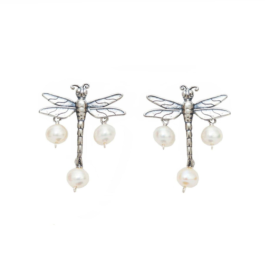 Aretes Libélula Con Gema, joya de plata .925, con lapislázuli y perla – Gabriela Sánchez
